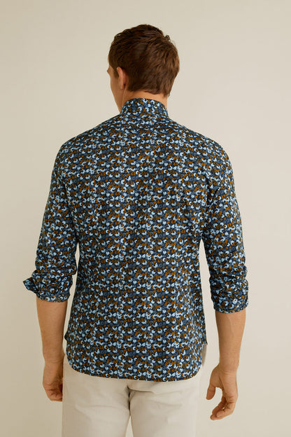 MANGO navy floral button-up shirt, back view, buttoned cuffs