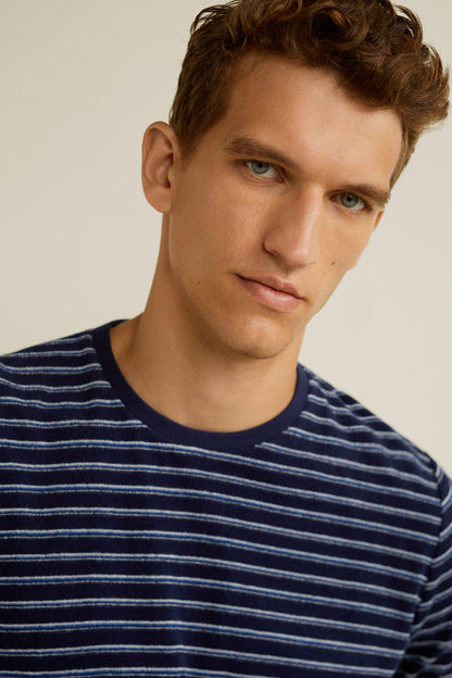 Men's navy striped crewneck sweater with ribbed collar detail