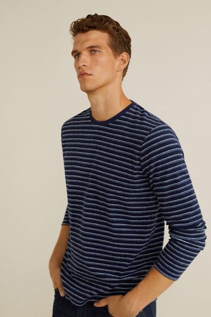Men's navy and blue striped long-sleeve crewneck sweater