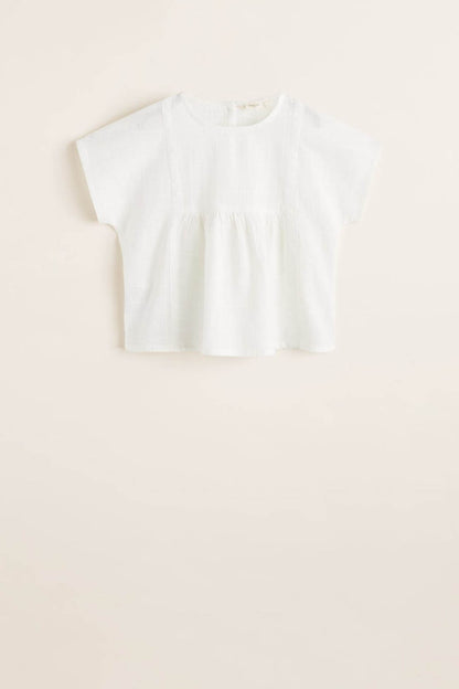 MANGO off-white short-sleeve top with round neck and gathered waist