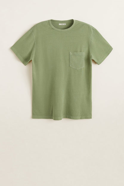 Khaki-green crew-neck pocket T-shirt, short sleeves