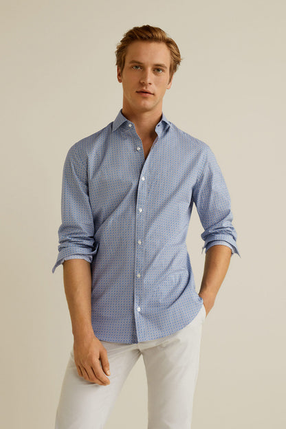 Men's blue button-up shirt with small pattern, long sleeves, button front