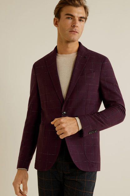 Men's burgundy check blazer, notch lapel, single button, front pockets