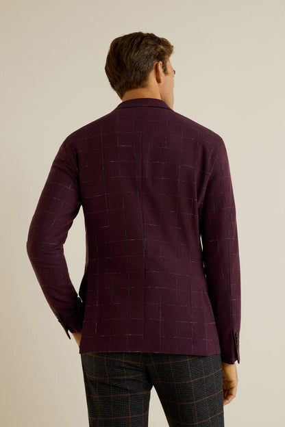 Men's burgundy check blazer, back view with tailored shoulders and cuffs