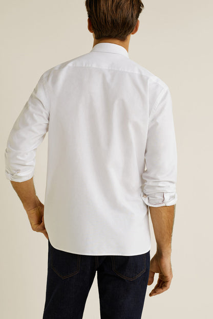 White button-up shirt from back view with long sleeves and center-button placket