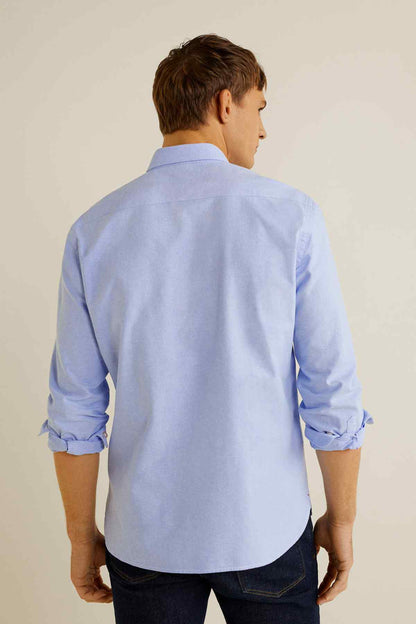 Men's light blue button-up shirt, back view, long sleeves with button cuffs