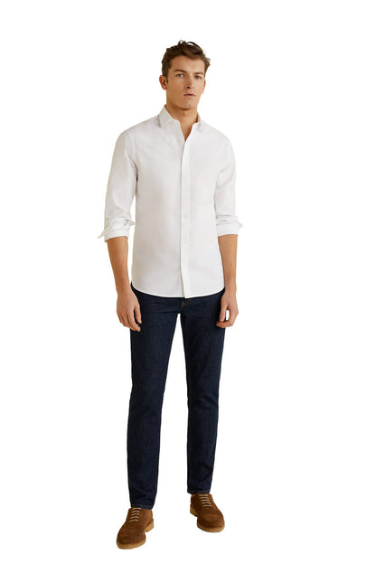 Men's white button-up shirt with long sleeves and front button placket