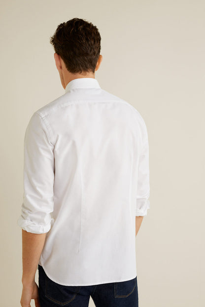 Men's white button-up shirt, back view with long sleeves and button placket
