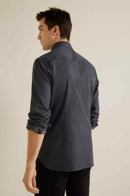 Open grey button-up shirt, back view, long sleeves and button placket