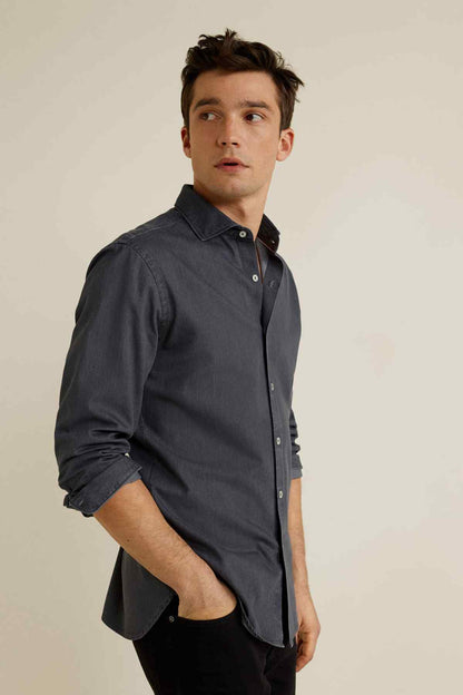 MANGO button-up shirt, open grey, long sleeves and button front