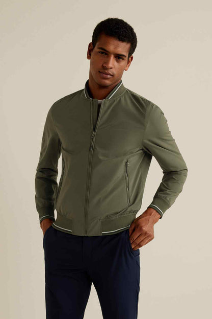 Men's khaki zip-up bomber jacket with mock neck
