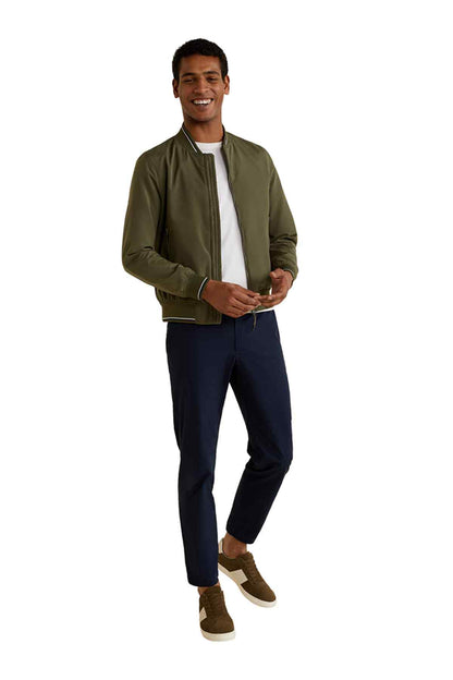 Men's khaki zip-up bomber jacket with elastic cuffs, full body