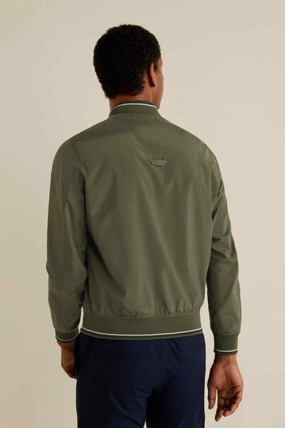Men's khaki zip-up jacket, rear view with stand collar