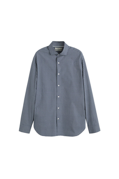 Navy patterned long-sleeve button-up shirt with pointed collar