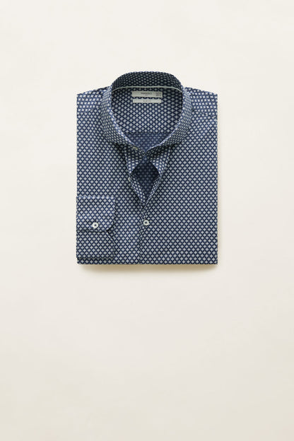 Navy patterned button-up shirt with pointed collar and button placket