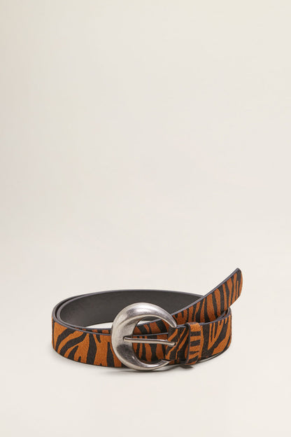 MANGO tiger-print belt with silver buckle and keeper, caramel and dark brown