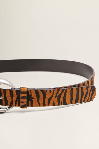 MANGO tiger-print belt with silver buckle, caramel and dark brown strap