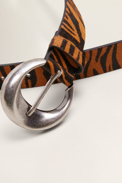 MANGO tiger-print belt with silver buckle detail and pin, caramel and dark brown
