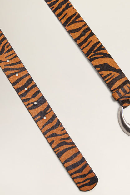 MANGO tiger-print belt strap with silver D-ring buckle, caramel and dark brown