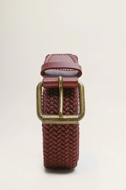MANGO burgundy woven belt with brass-tone buckle and stitched leather ends