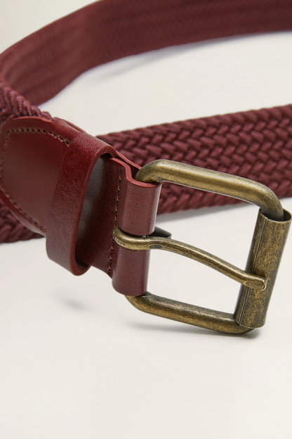MANGO burgundy woven belt close-up with antique gold buckle and leather keeper