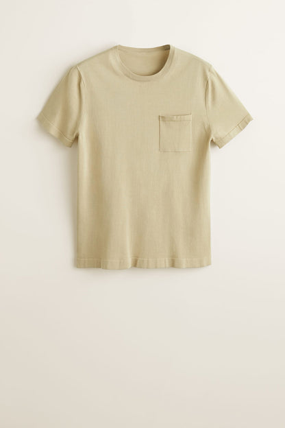 Beige crew-neck T-shirt with short sleeves and single chest pocket