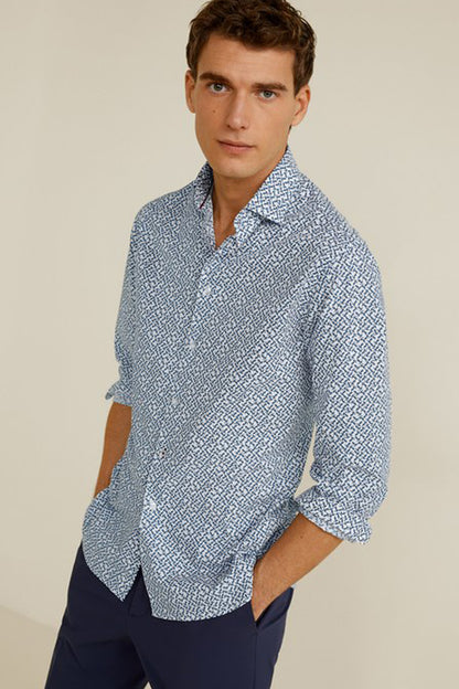 Men's light blue patterned button-up shirt with rolled sleeves and collar