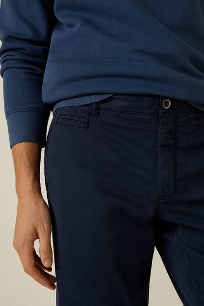 Mango navy shorts close-up: front fly with metal button and pockets