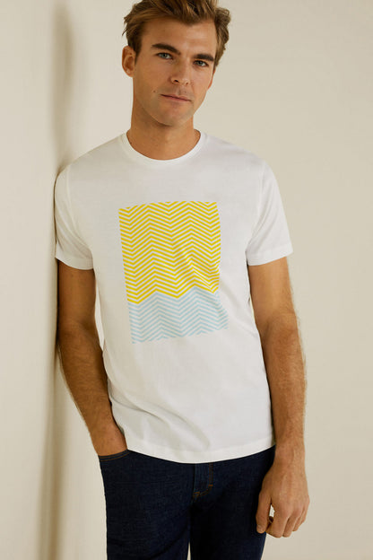 White crew-neck T-shirt with yellow and blue chevron chest graphic