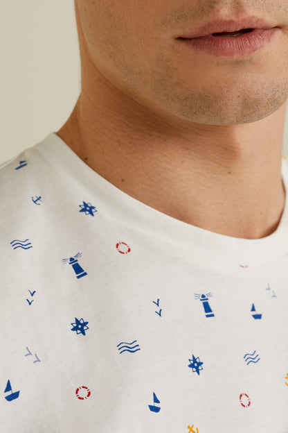 White crewneck neckline with colorful nautical icons print