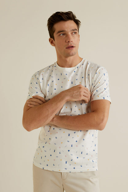 White crewneck short-sleeve T-shirt with small nautical print