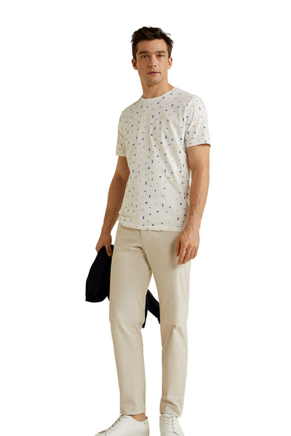 Men's white crewneck short-sleeve T-shirt with nautical print, straight hem