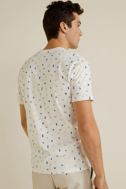 White crewneck short-sleeve T-shirt, all-over nautical print pattern