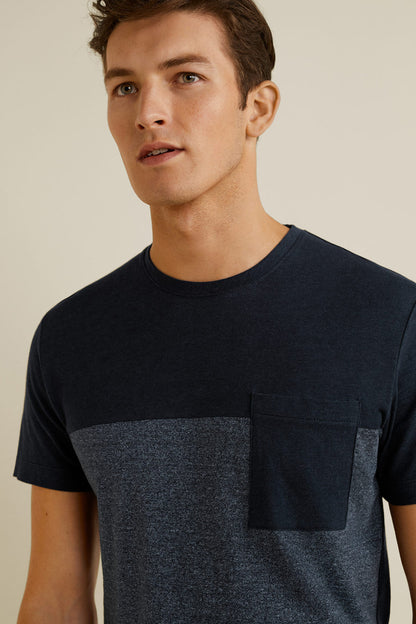 Men's navy T-shirt with dark gray front panel and chest pocket, crew neck