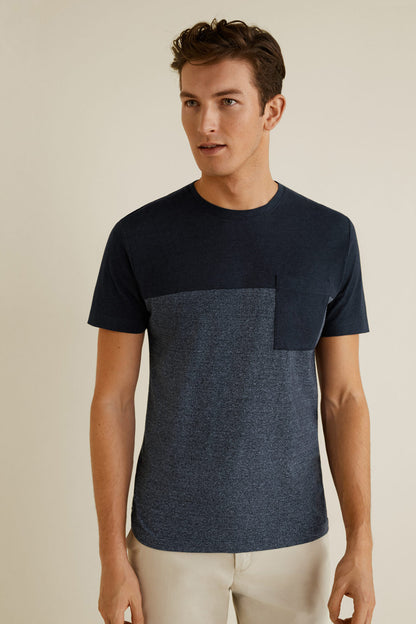 Men's navy and dark gray colorblock T-shirt with chest pocket, crew neck