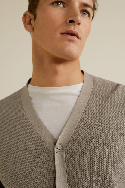 MANGO sand knit cardigan close-up: V-neck, button placket, fine texture