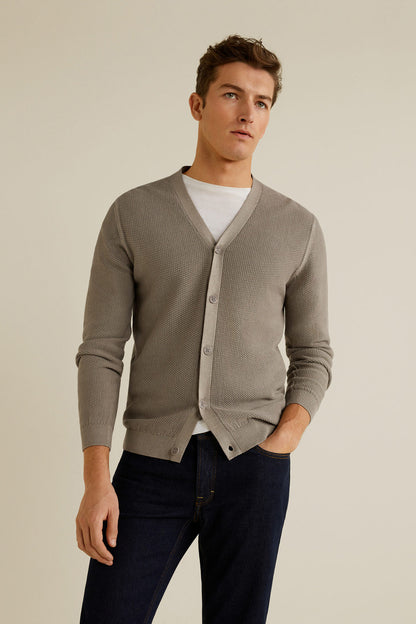 MANGO sand knit V-neck cardigan with button front, long sleeves