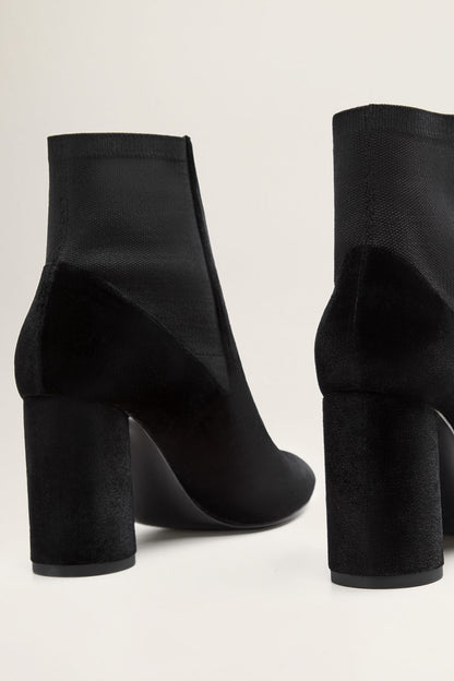 Black ankle boots with chunky block heel and side pull detail