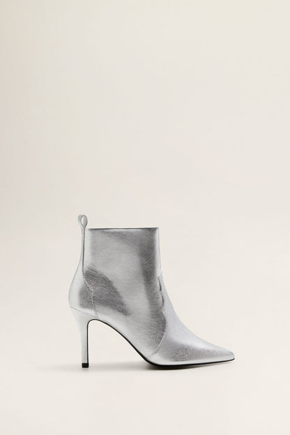 Silver ankle boots with pointed toe and slim stiletto heel