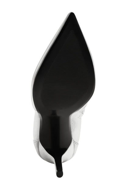 Silver ankle boot heel view with black insole and pointed toe