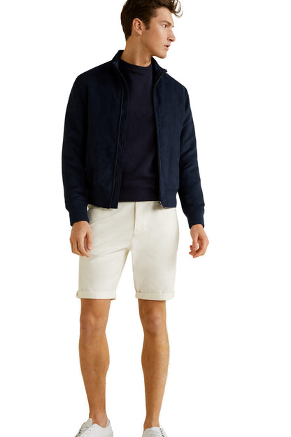 White denim shorts with cuffed hem, belt loops, and front pockets