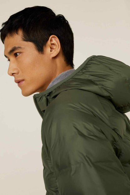 Men's olive puffer jacket hood and shoulder detail