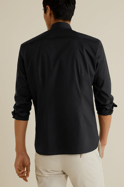 Men's black button-up shirt, long sleeves, back view
