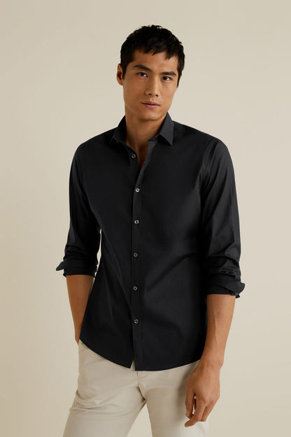 Men's black button-up shirt, long sleeves, front view
