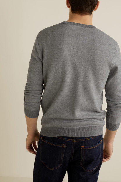 Men's heather grey crewneck sweatshirt, back view, long sleeves