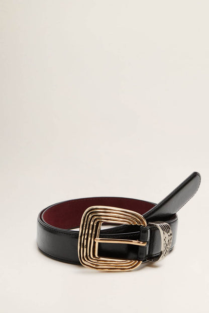 Black leather belt with gold-tone double-ring buckle and maroon underside