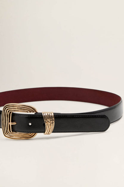 Black leather belt with gold-tone buckle and maroon interior lining