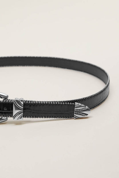 Black leather bracelet with silver studded buckle and feather-shaped ends