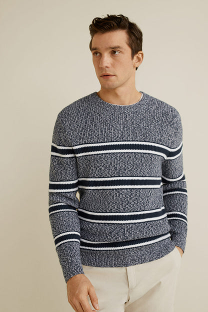 Dark knit sweater with white and navy horizontal stripe bands, crew neck