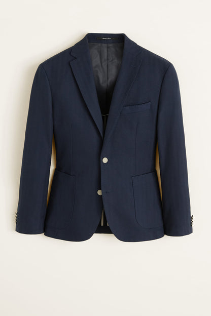 MANGO blue blazer with notch lapel, single button, flap chest pocket